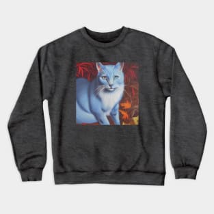 Striking Blue Cat in Autumn Leaves Crewneck Sweatshirt